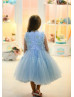Beaded Baby Blue Lace Tulle Tea Length Flower Girl Dress